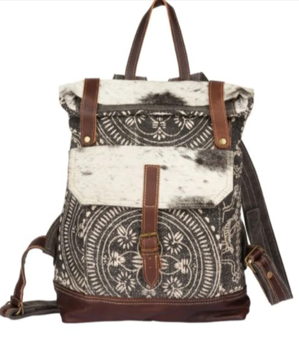 Myra Vibe with Me Hairon Cowhide Canvas Backpack Bag Mandala Print Boho Western
